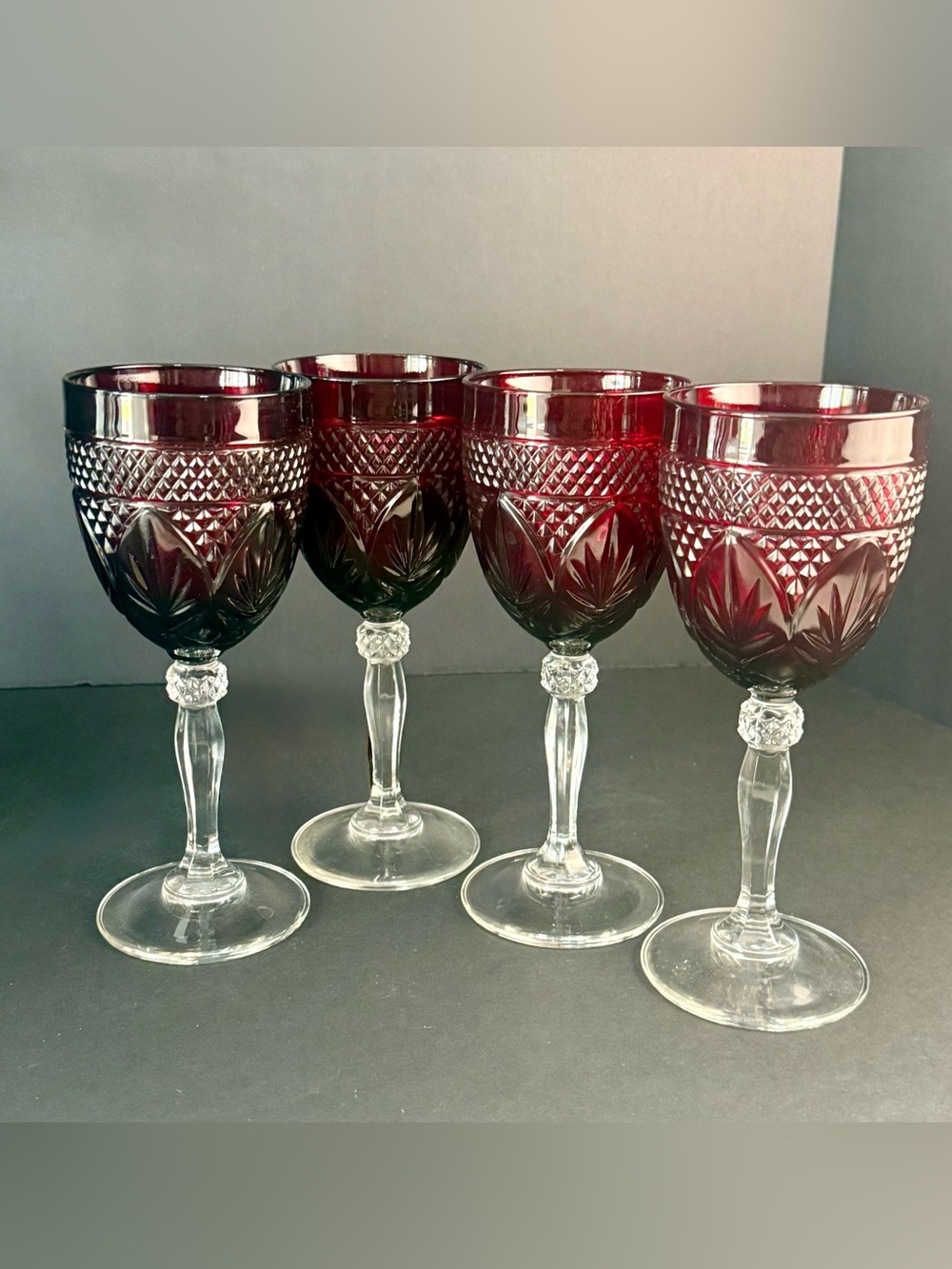 Vintage CRISTAL D'ARQUES Durand ANTIQUE RUBY RED Water Wine glasses 8" Set 4 - Picture 12 of 15